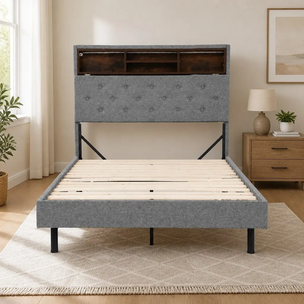 King Single Bed Frame with RGB LED Lights Storage Headboard Platform Slats
