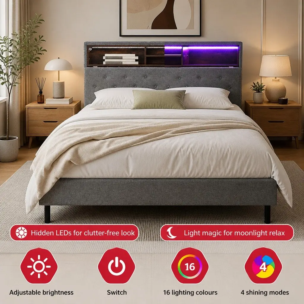 King Single Bed Frame with RGB LED Lights Storage Headboard Platform Slats