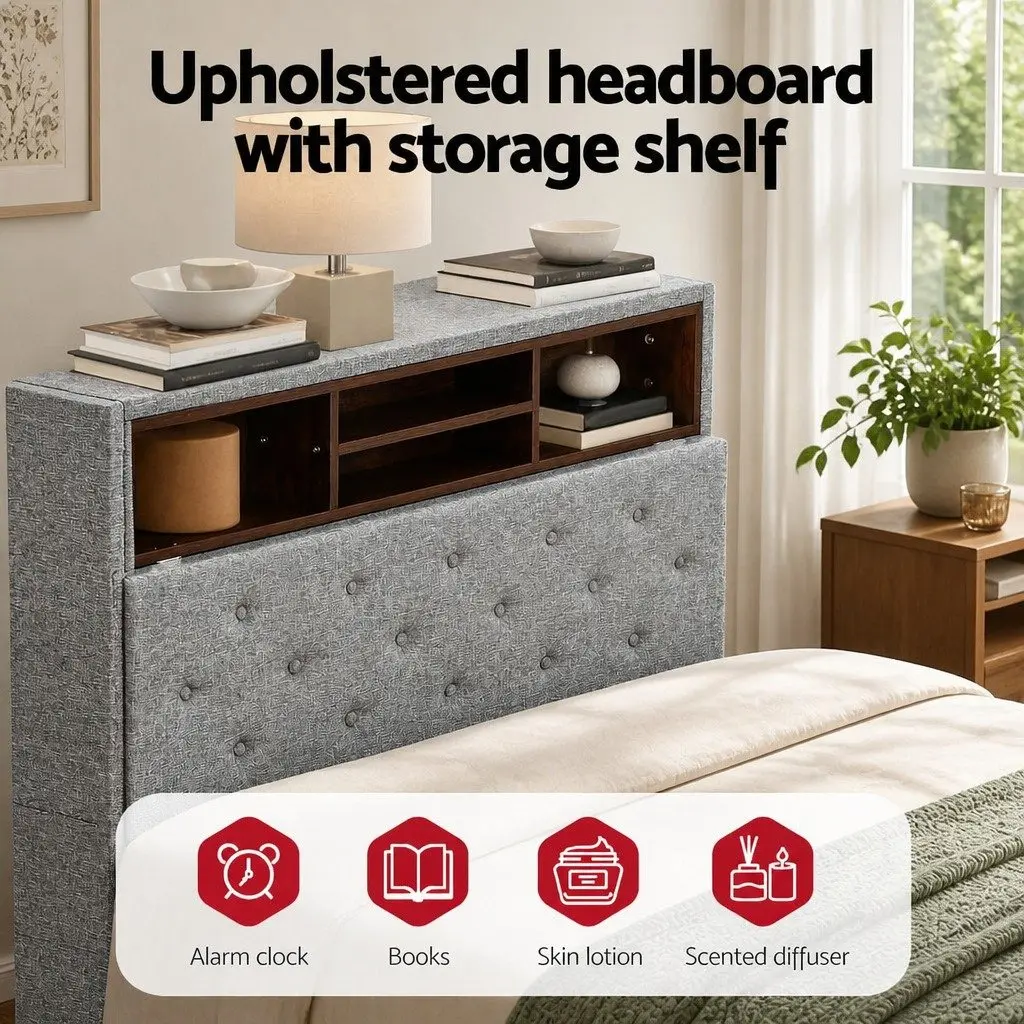 King Single Bed Frame with RGB LED Lights Storage Headboard Platform Slats