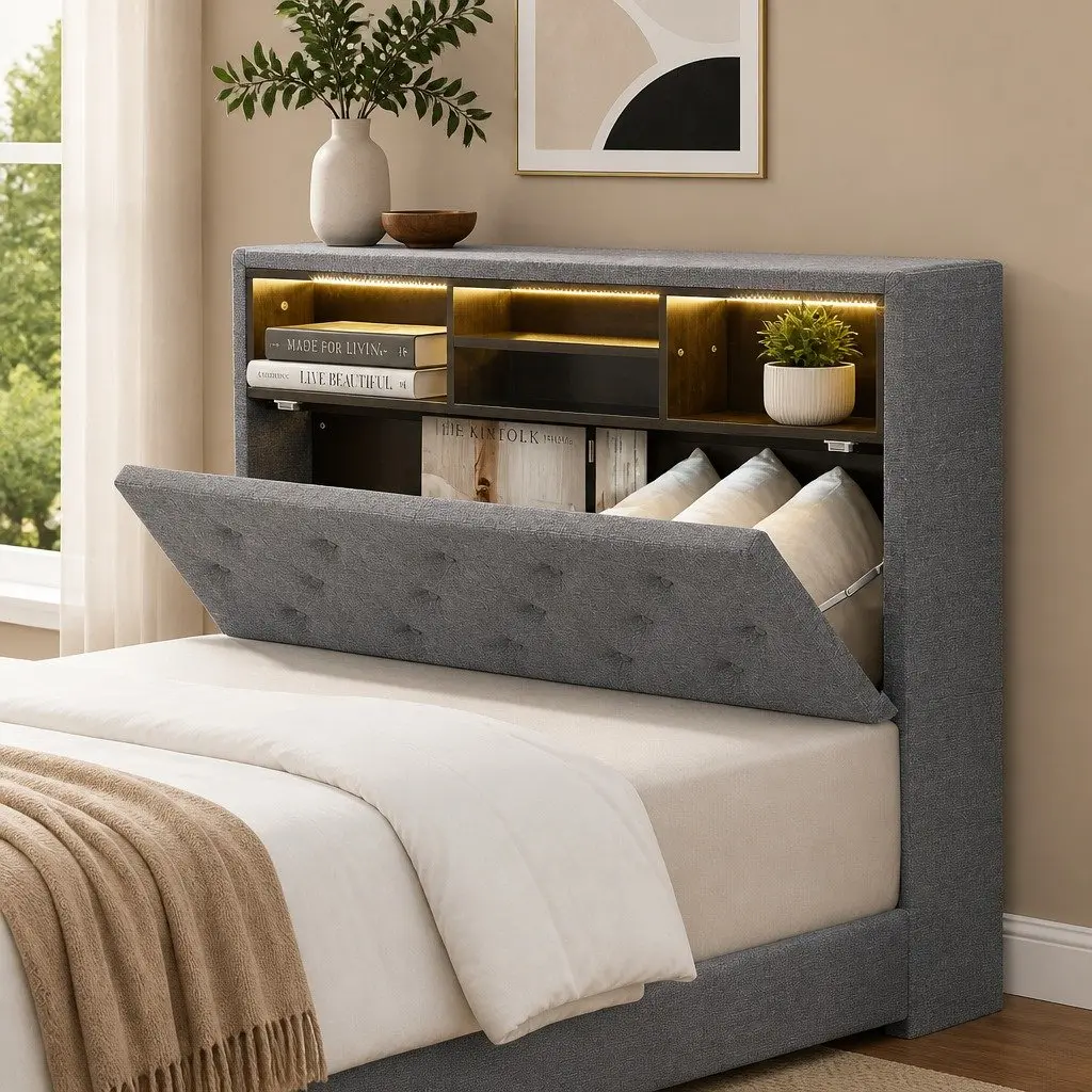 King Single Bed Frame with RGB LED Lights Storage Headboard Platform Slats