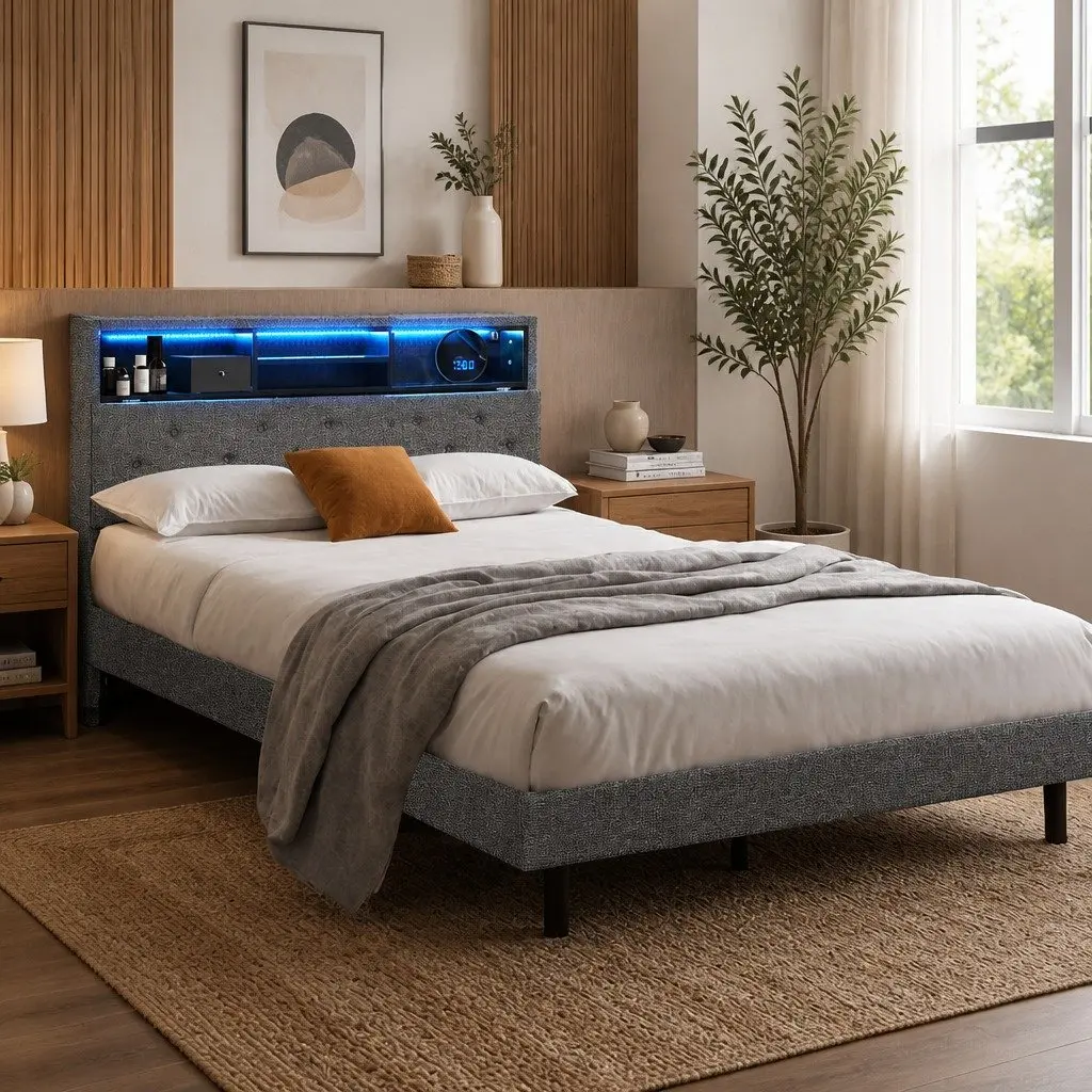 King Single Bed Frame with RGB LED Lights Storage Headboard Platform Slats