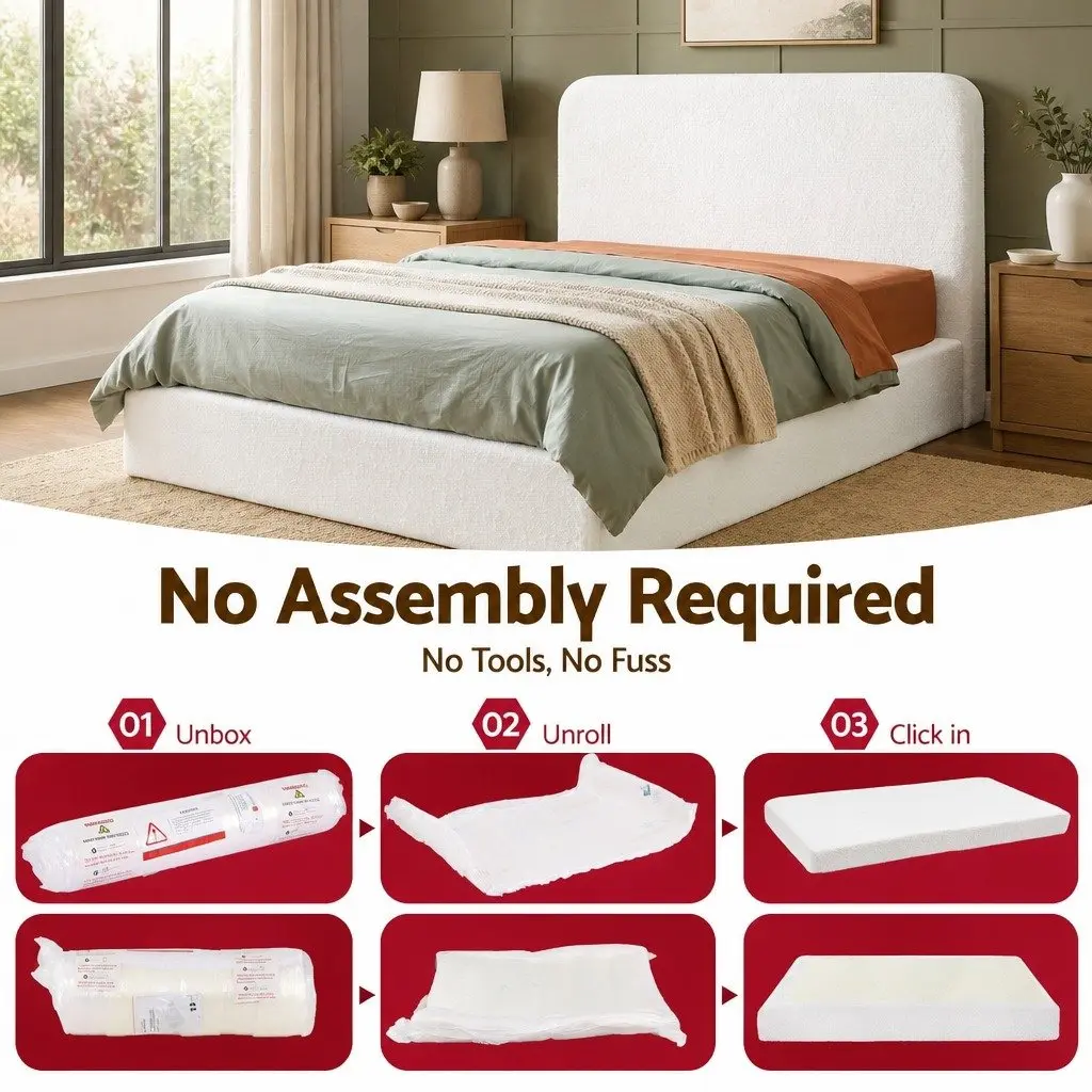 Double Bed Frame Boucle Fabric Vacuum Compressed No Assembly Removable Washable