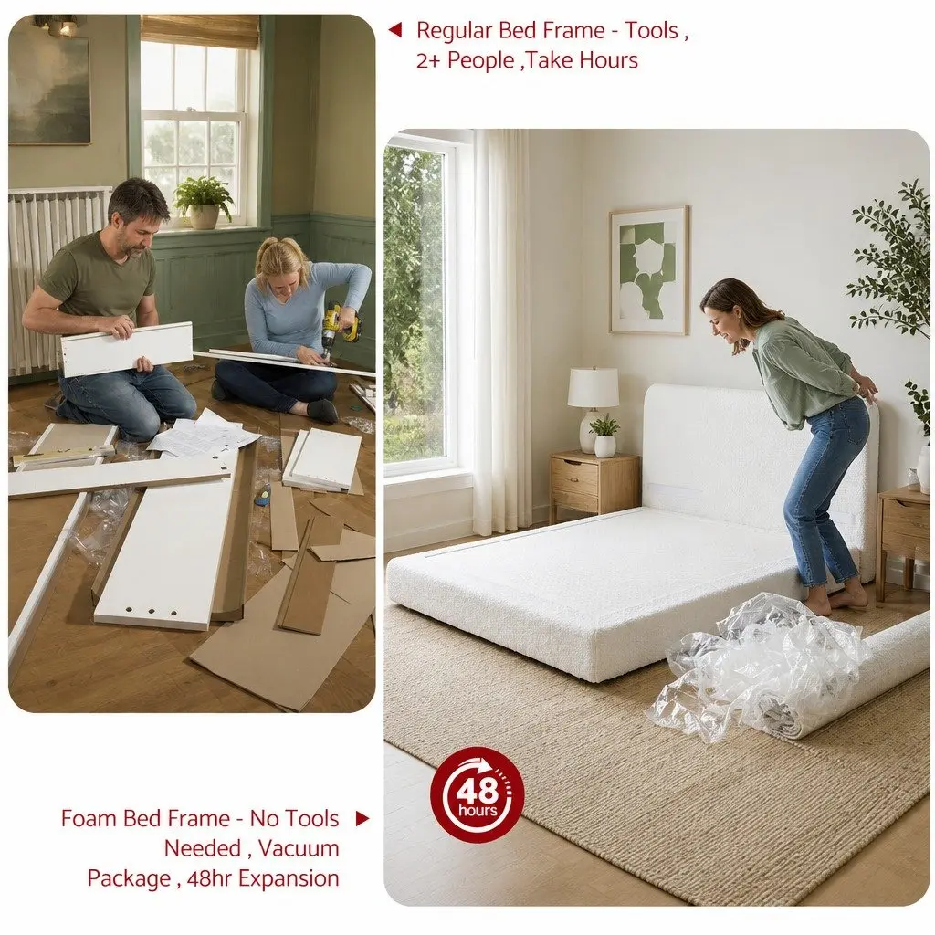 Double Bed Frame Boucle Fabric Vacuum Compressed No Assembly Removable Washable