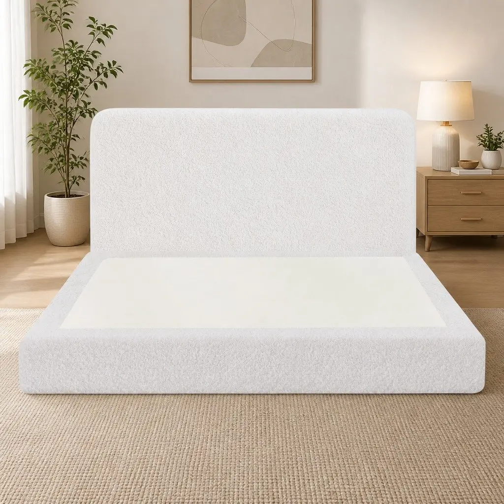 Queen Bed Frame for Bedroom Boucle Fabric White Size