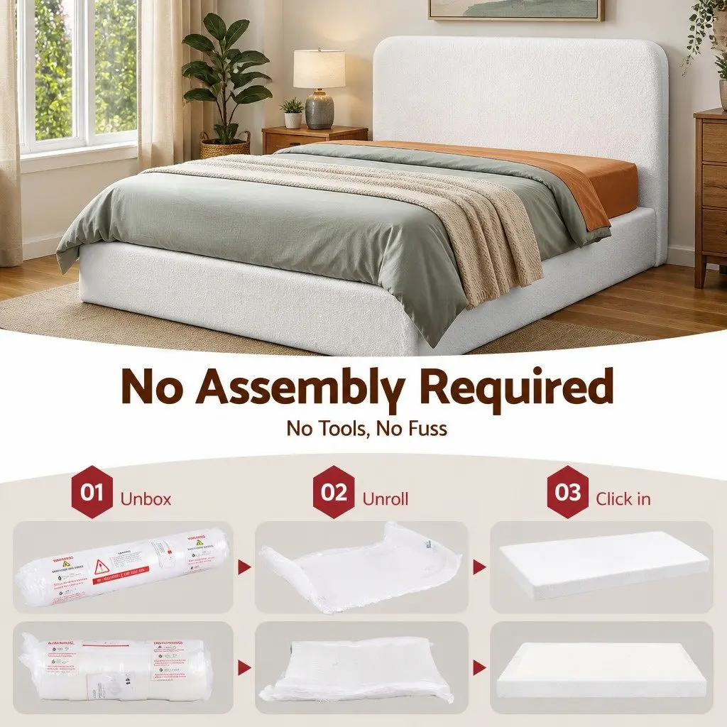 Queen Bed Frame for Bedroom Boucle Fabric White Size