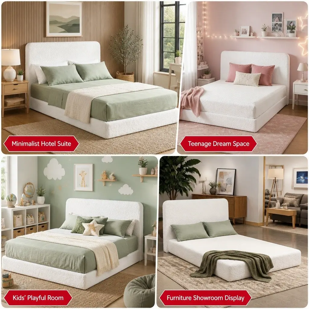 Queen Bed Frame for Bedroom Boucle Fabric White Size