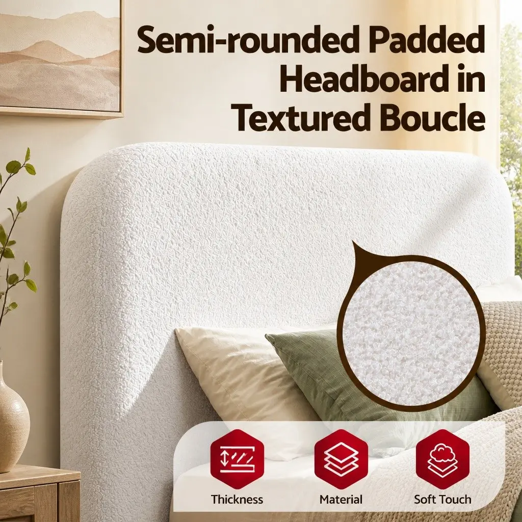 Queen Bed Frame for Bedroom Boucle Fabric White Size