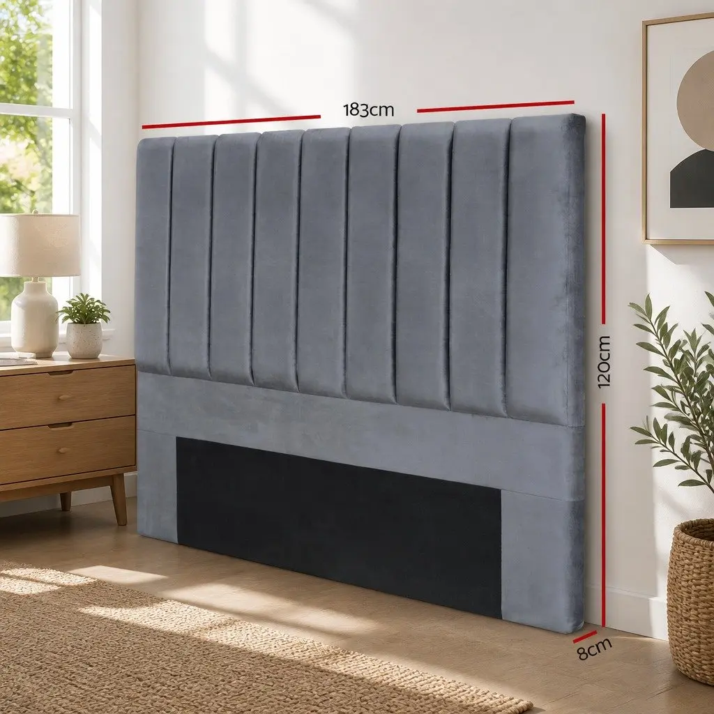 King Bed Headboard Grey Velvet Upholstered Panel Padded Art Deco Bedroom 183cm x 120cm x 8cm