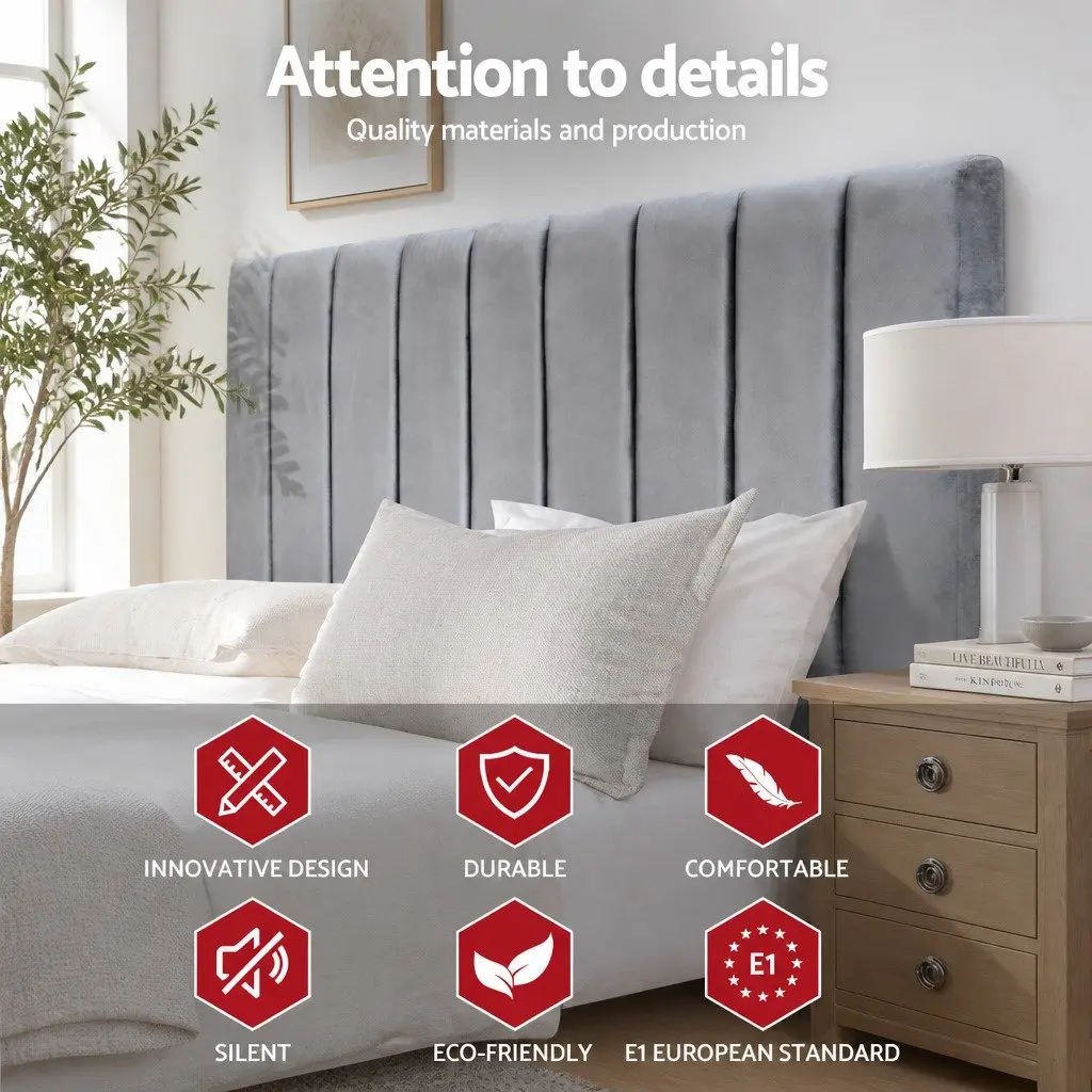 King Bed Headboard Grey Velvet Upholstered Panel Padded Art Deco Bedroom 183cm x 120cm x 8cm