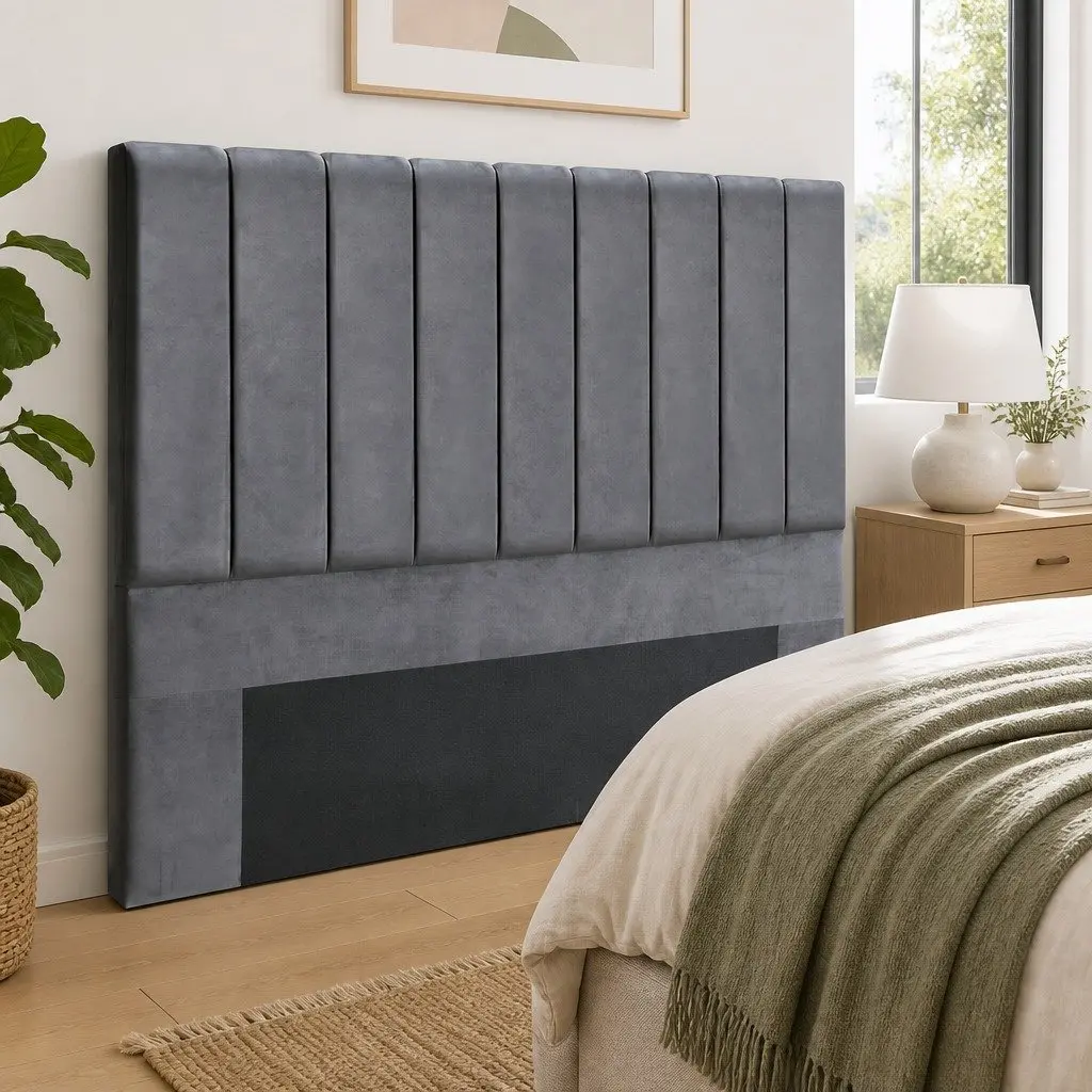 King Bed Headboard Grey Velvet Upholstered Panel Padded Art Deco Bedroom 183cm x 120cm x 8cm
