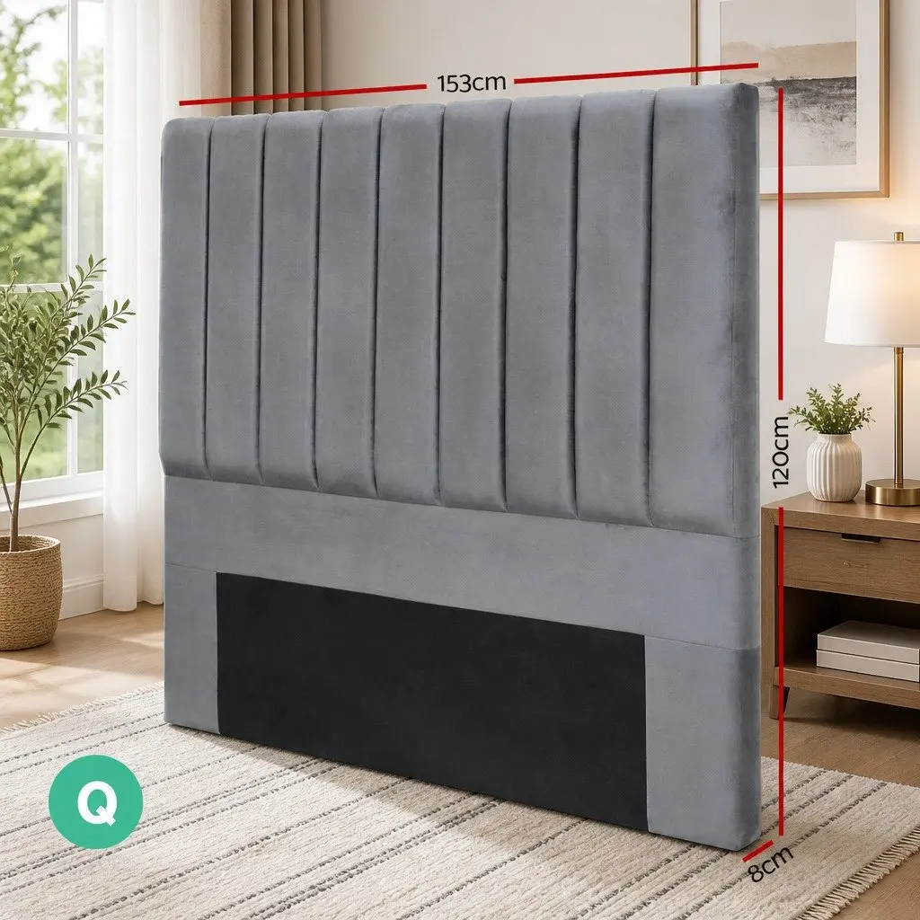 Queen Bed Head Headboard Velvet Upholstered Grey Panel Bedroom