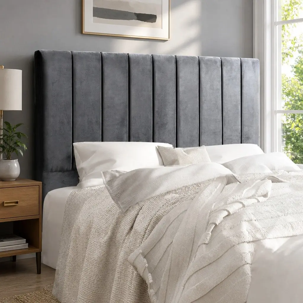 Queen Bed Head Headboard Velvet Upholstered Grey Panel Bedroom