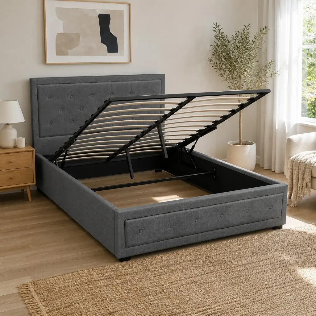 Double Size Gas Lift Bed Frame with Storage Grey Upholstered Tufted Headboard