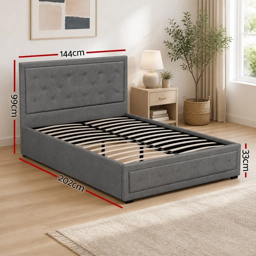 Double Size Gas Lift Bed Frame with Storage Grey Upholstered Tufted Headboard