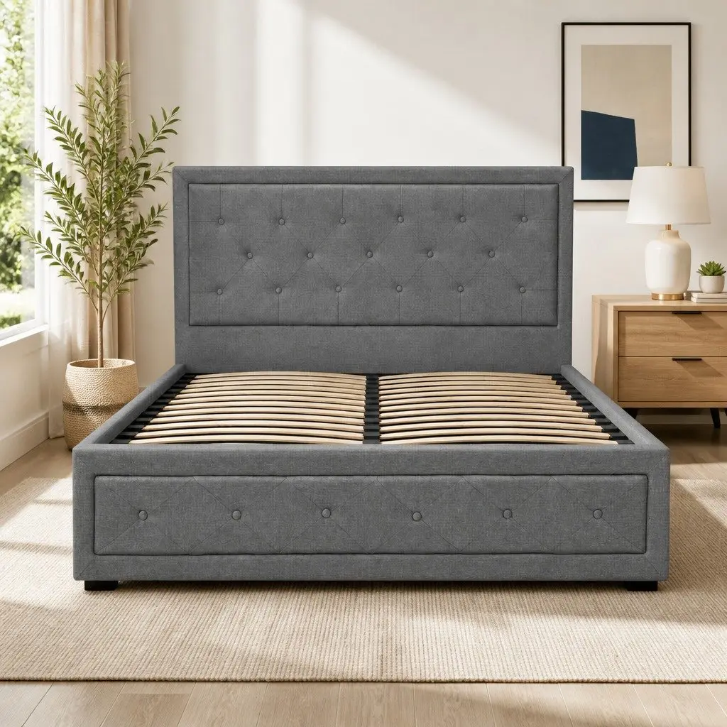 Double Size Gas Lift Bed Frame with Storage Grey Upholstered Tufted Headboard