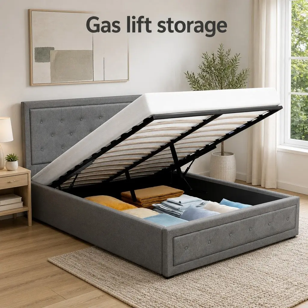 Double Size Gas Lift Bed Frame with Storage Grey Upholstered Tufted Headboard