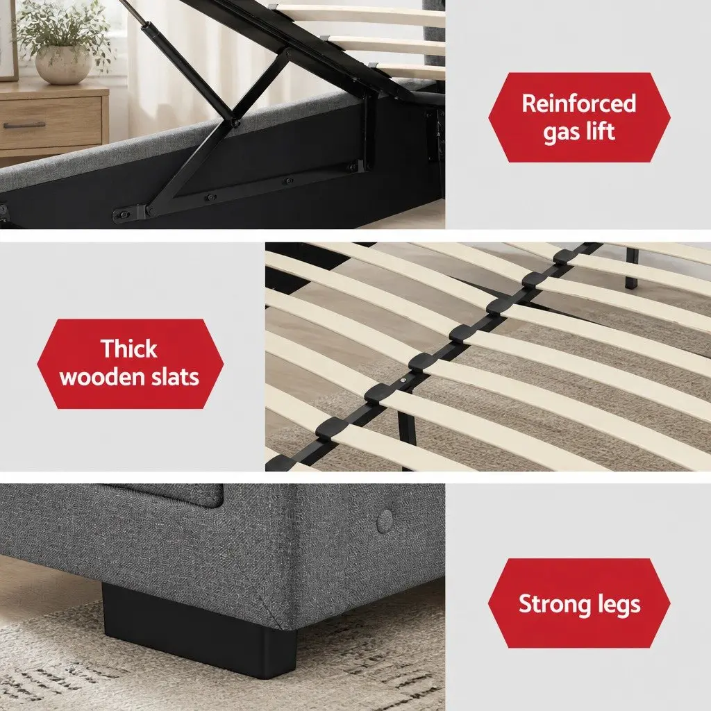 Double Size Gas Lift Bed Frame with Storage Grey Upholstered Tufted Headboard