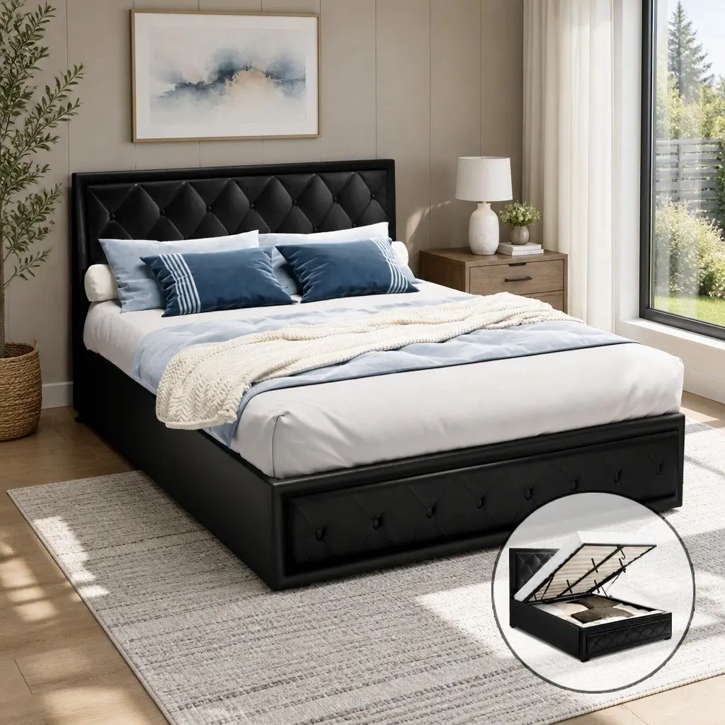 Double Size Gas Lift Bed Frame Storage Base Upholstered Headboard Black