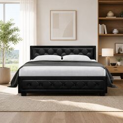 Queen Size Gas Lift Bed Frame with Storage Tufted Headboard Black
