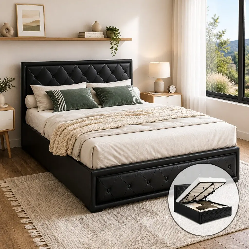 Gas Lift Queen Bed Frame with Tufted Headboard