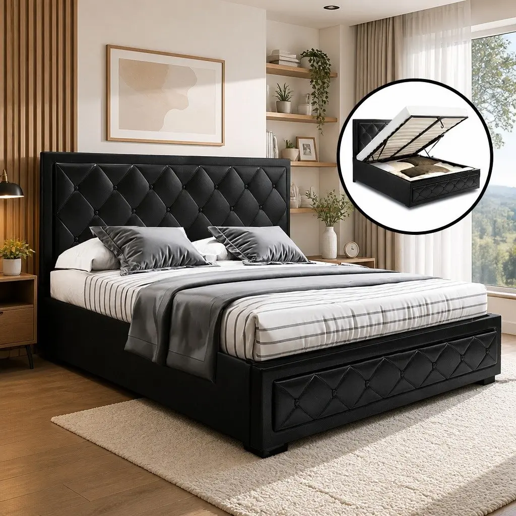 Gas Lift Queen Bed Frame with Tufted Headboard