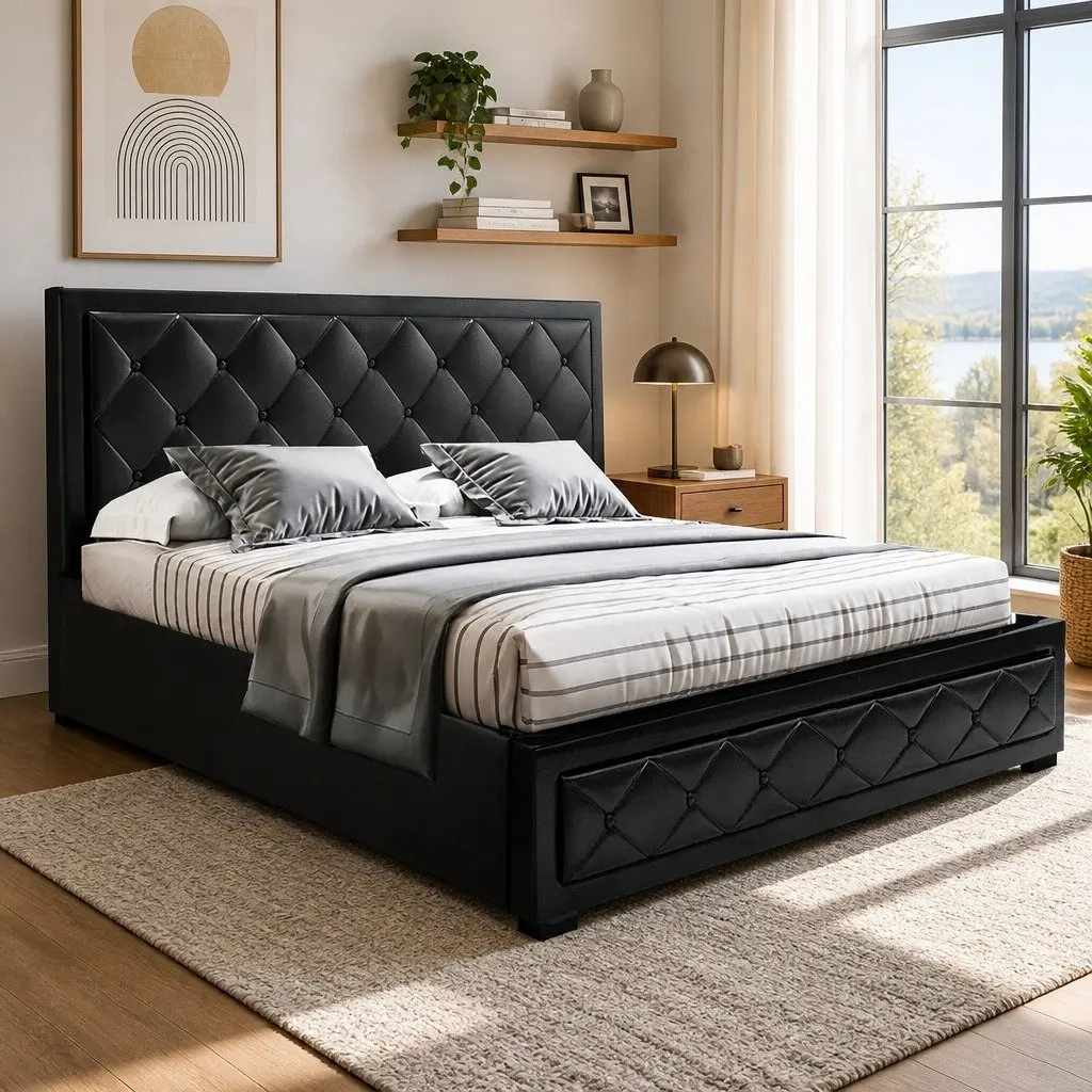 Gas Lift Queen Bed Frame with Tufted Headboard