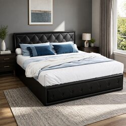 King Size Gas Lift Bed Frame with Storage Black Upholstered Contemporary Design