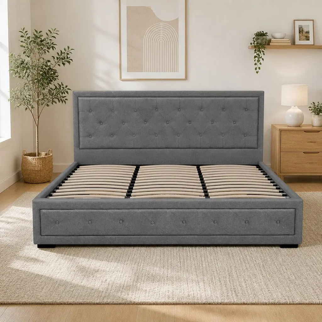 King Size Gas Lift Bed Frame with Storage Upholstered Headboard Grey