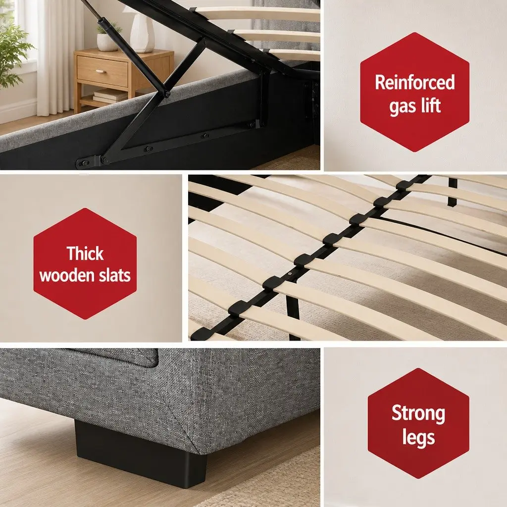 King Size Gas Lift Bed Frame with Storage Upholstered Headboard Grey
