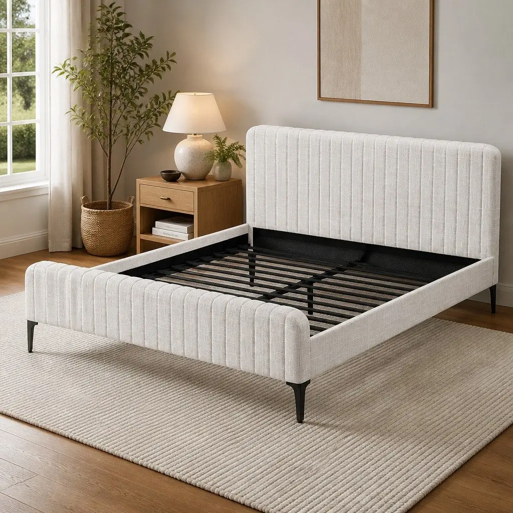 King Size Bed Frame Upholstered Bedroom Furniture with Padded Headboard Wooden