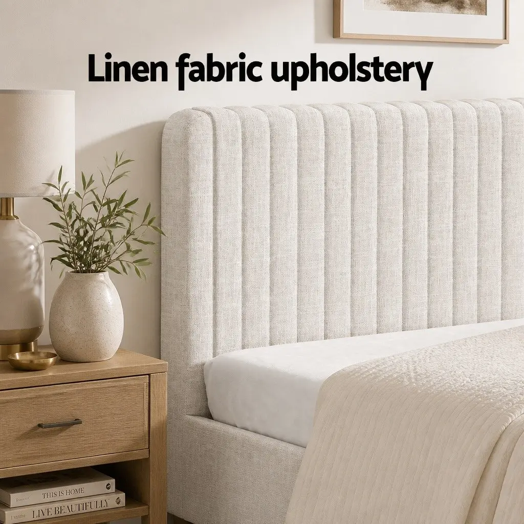 Beige Upholstered Queen Bed Frame