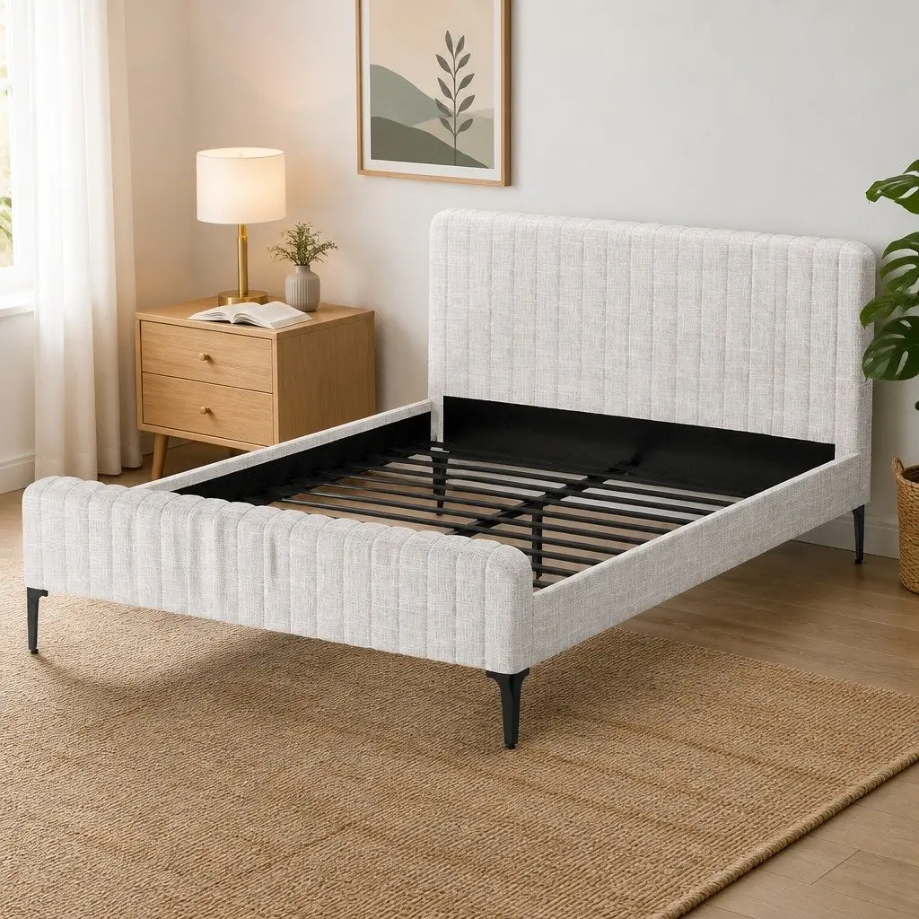 Beige Upholstered Queen Bed Frame