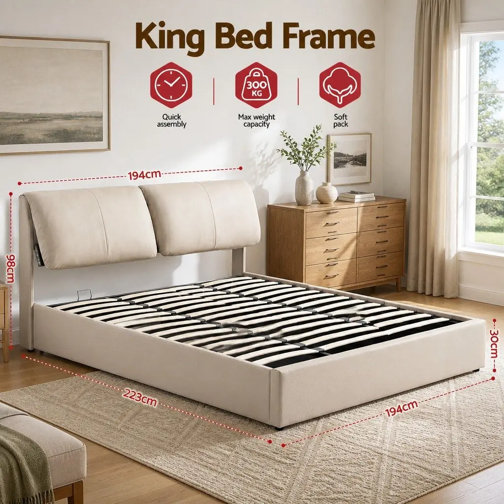 King Bed Frame for Bedroom with Gas Lift Storage Adjustable Headboard and 3 Drawers