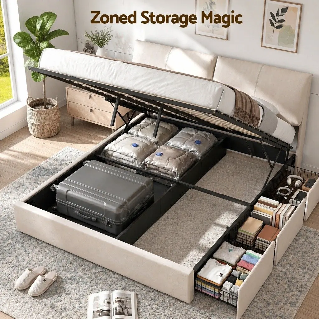 King Bed Frame for Bedroom with Gas Lift Storage Adjustable Headboard and 3 Drawers