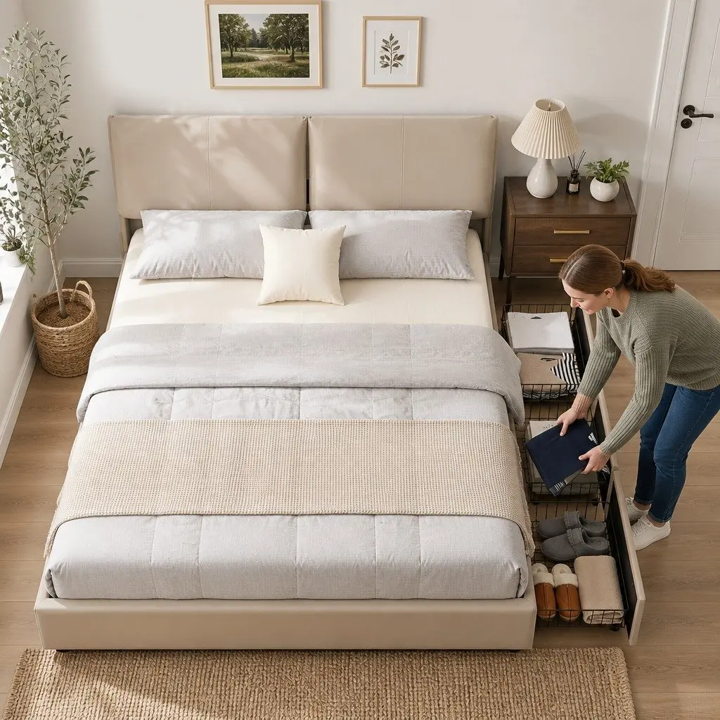 King Bed Frame for Bedroom with Gas Lift Storage Adjustable Headboard and 3 Drawers