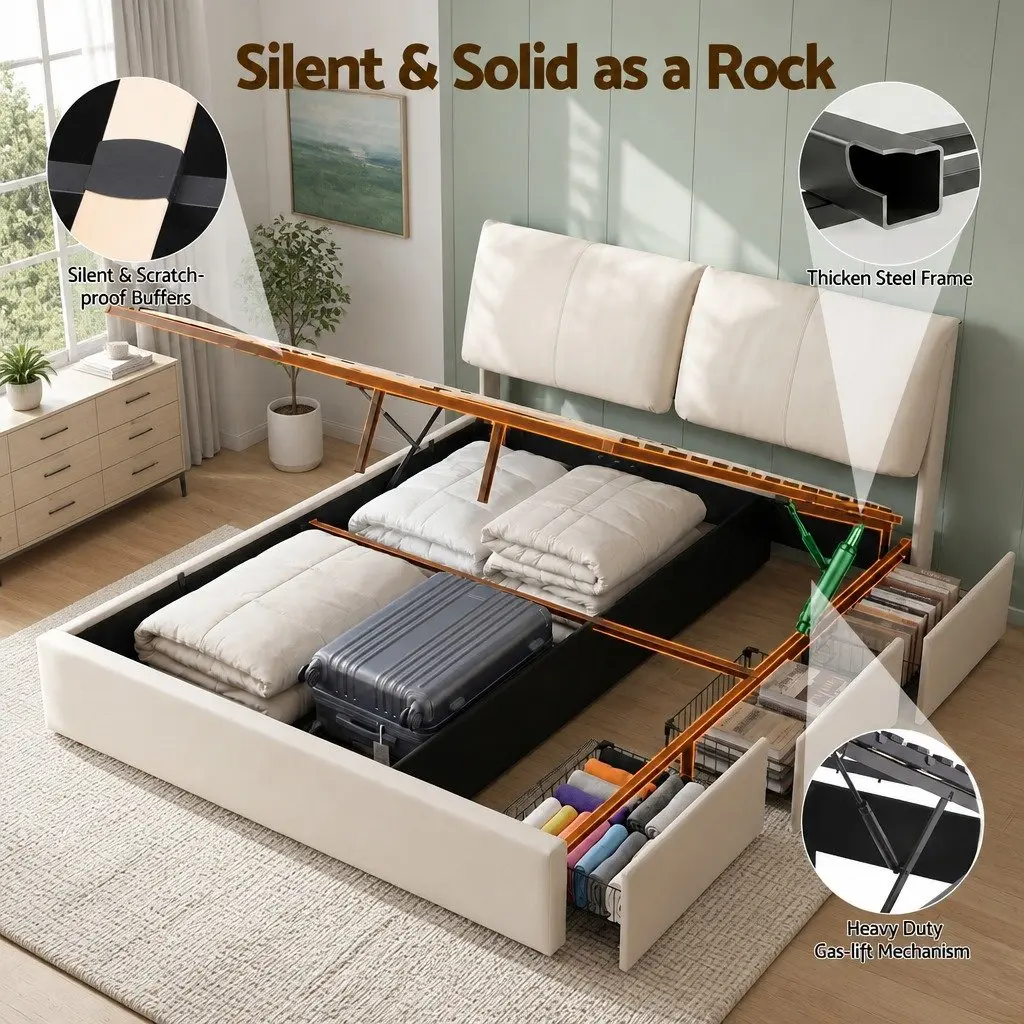 King Bed Frame for Bedroom with Gas Lift Storage Adjustable Headboard and 3 Drawers