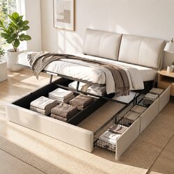 Queen Bed Frame Gas Lift Storage 3 Drawers Adjustable Headboard Platform Beige