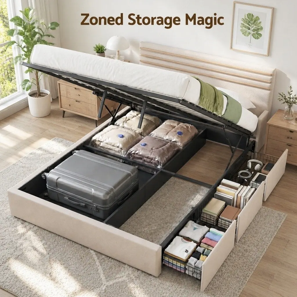Queen Bed Frame Gas Lift Storage 3 Drawers Adjustable Headboard Platform Beige