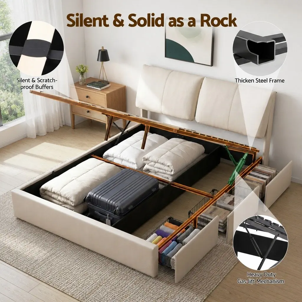 Queen Bed Frame Gas Lift Storage 3 Drawers Adjustable Headboard Platform Beige