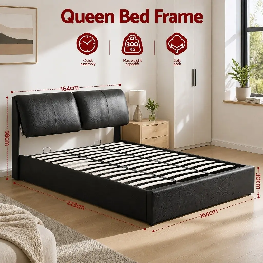 Queen Platform Bed Frame Black with Gas Lift Storage 3 Drawers Adjustable Headboard for Modern Bedrooms