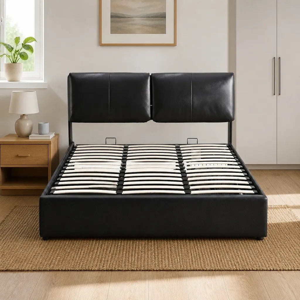 Queen Platform Bed Frame Black with Gas Lift Storage 3 Drawers Adjustable Headboard for Modern Bedrooms