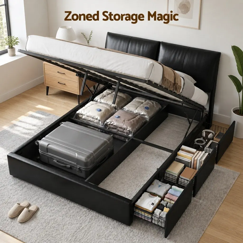 Queen Platform Bed Frame Black with Gas Lift Storage 3 Drawers Adjustable Headboard for Modern Bedrooms