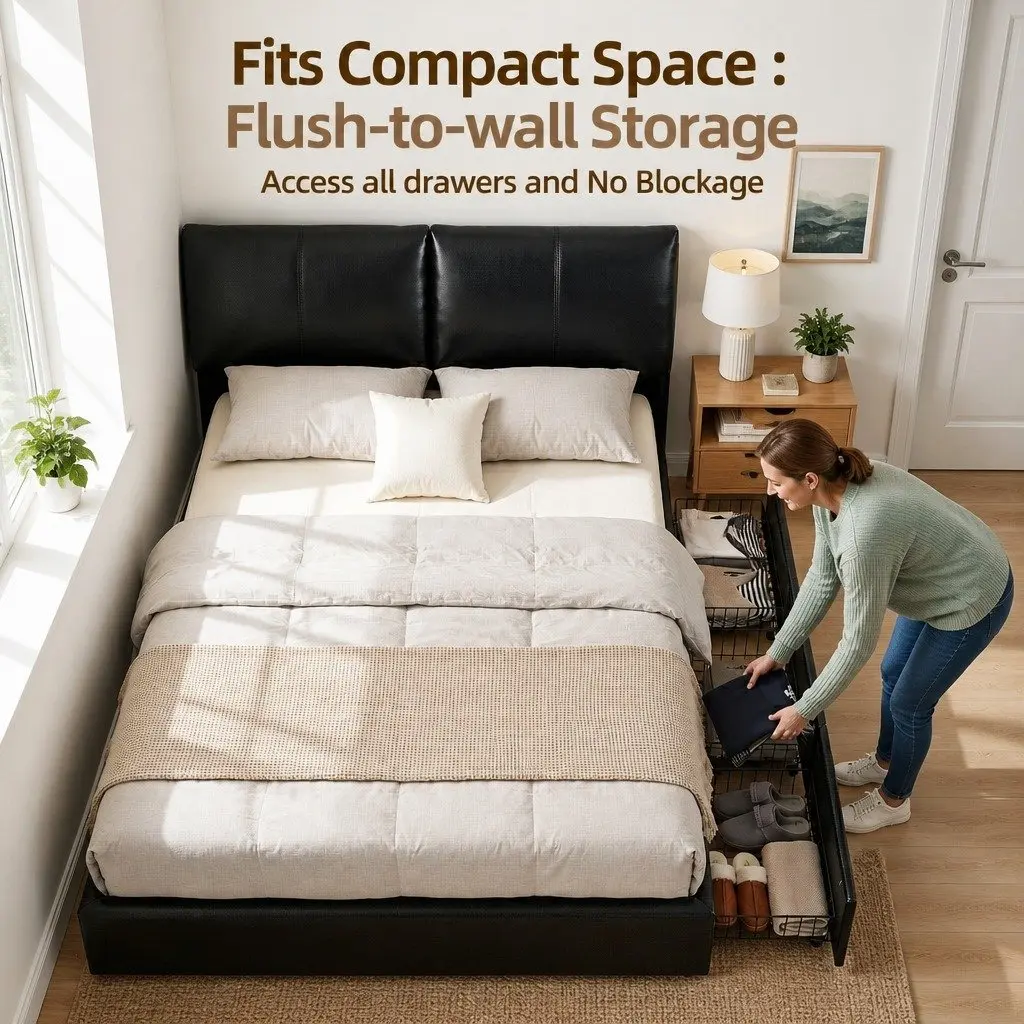 Queen Platform Bed Frame Black with Gas Lift Storage 3 Drawers Adjustable Headboard for Modern Bedrooms