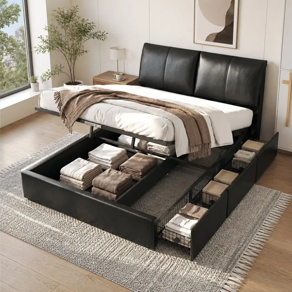Queen Platform Bed Frame Black with Gas Lift Storage 3 Drawers Adjustable Headboard for Modern Bedrooms