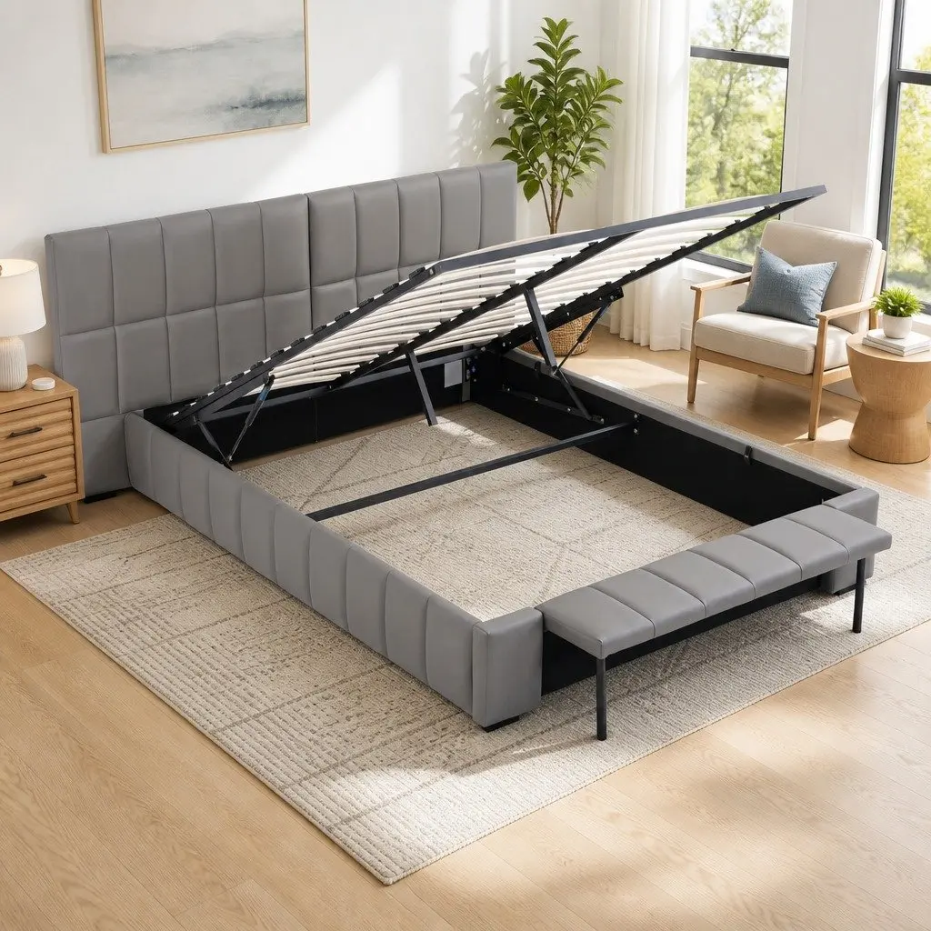 Double Bed Frame for Bedroom with Gas Lift Storage and Foldable Bench Grey