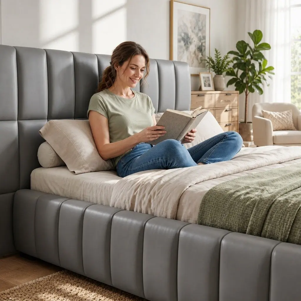 Double Bed Frame for Bedroom with Gas Lift Storage and Foldable Bench Grey