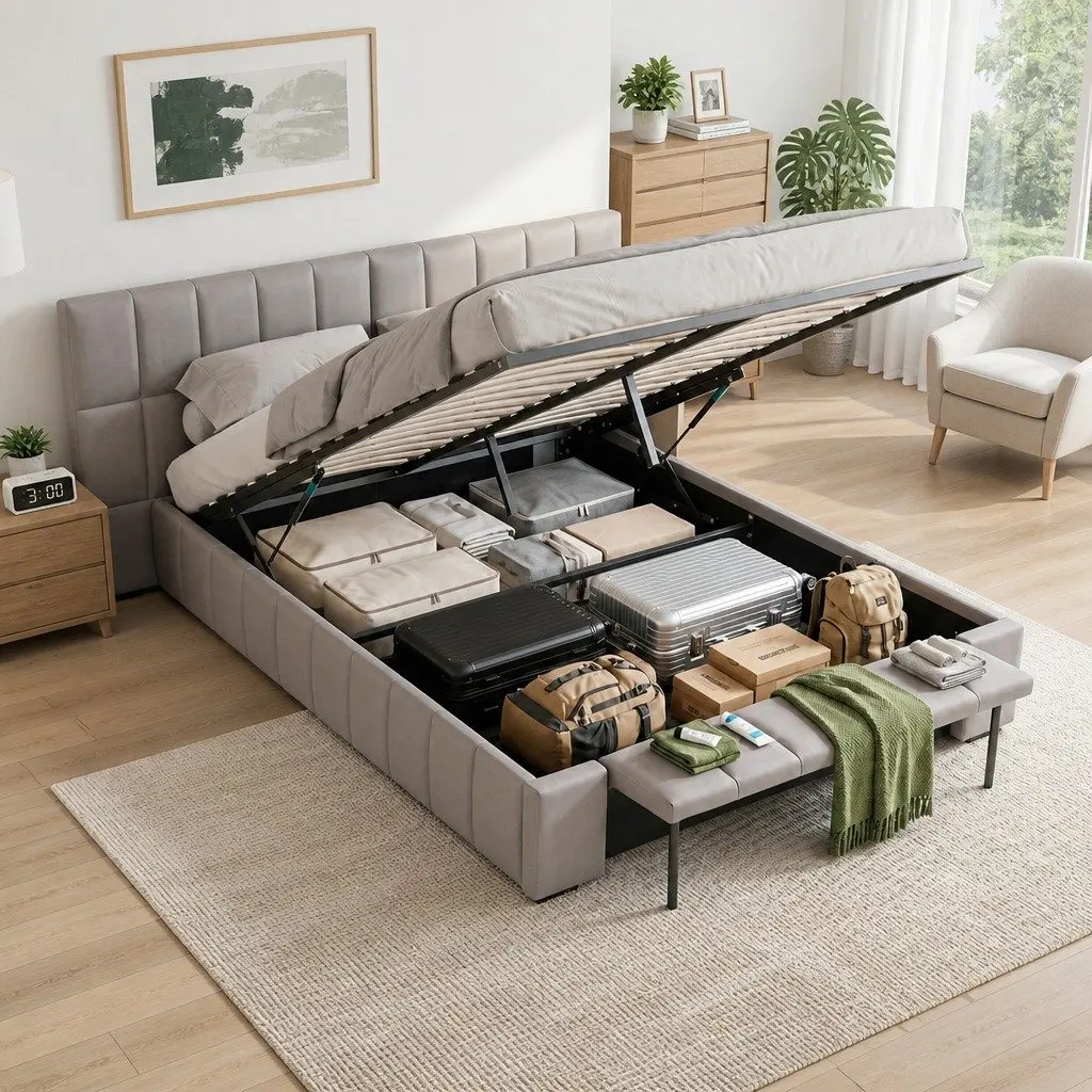 Double Bed Frame for Bedroom with Gas Lift Storage and Foldable Bench Grey