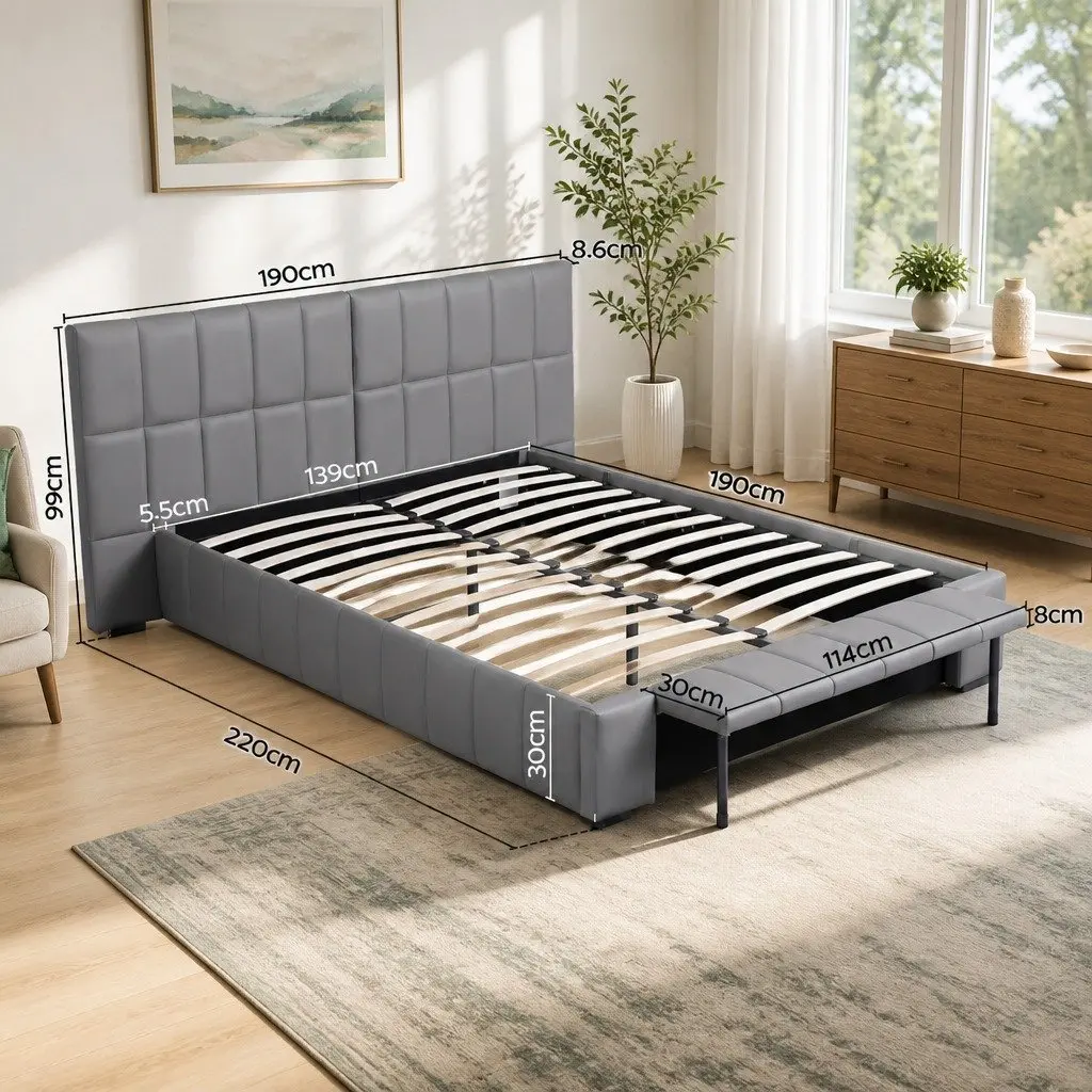 Double Bed Frame for Bedroom with Gas Lift Storage and Foldable Bench Grey