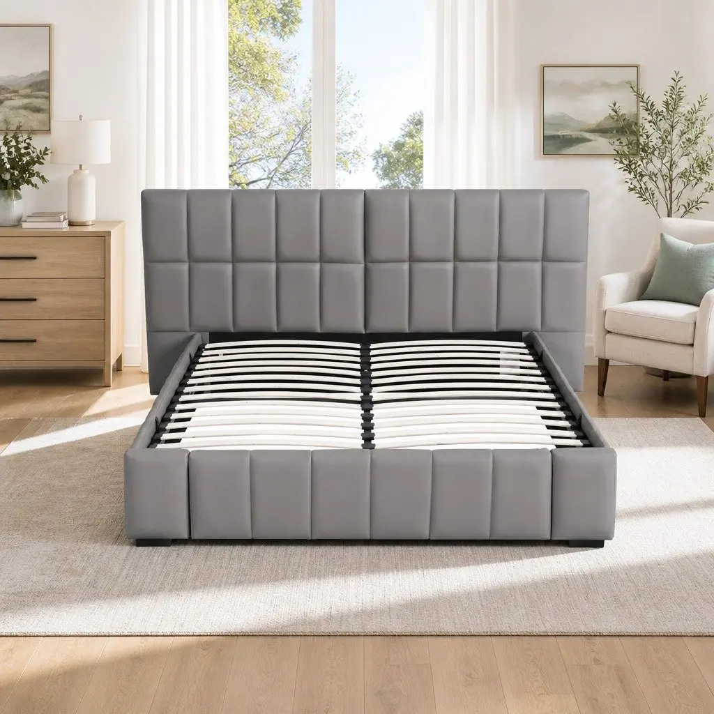 Double Bed Frame for Bedroom with Gas Lift Storage and Foldable Bench Grey