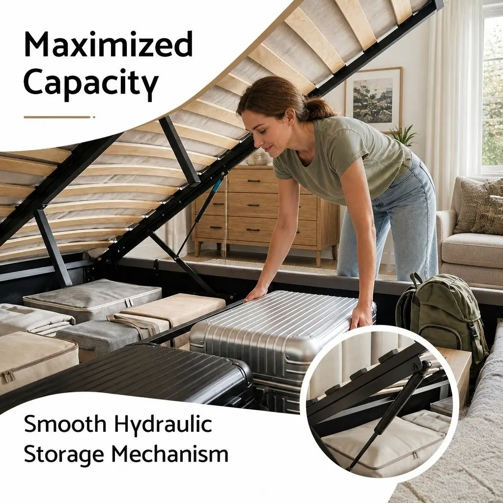 Double Bed Frame for Bedroom with Gas Lift Storage and Foldable Bench Grey